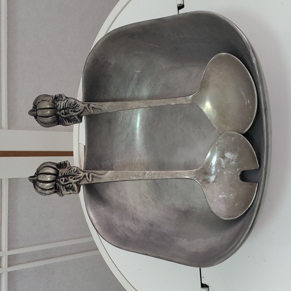 Vintage Metal Square Bowl and Salad Spoon/Fork Servers